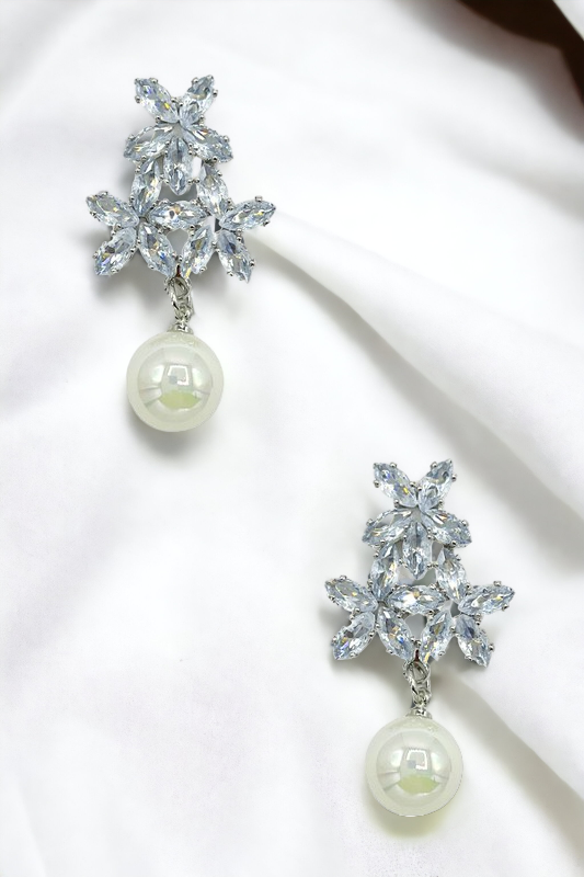 FLORAL CRYSTAL GEM PEARL DROP EARRING