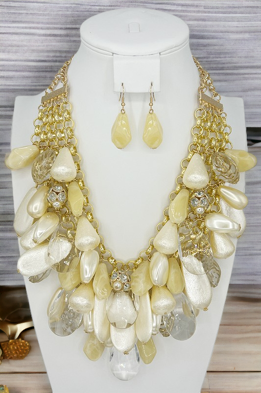 Cluster Pearl Gem Bib Necklace Set