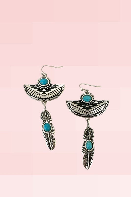 Western Turquoise Feather Dangle Earring