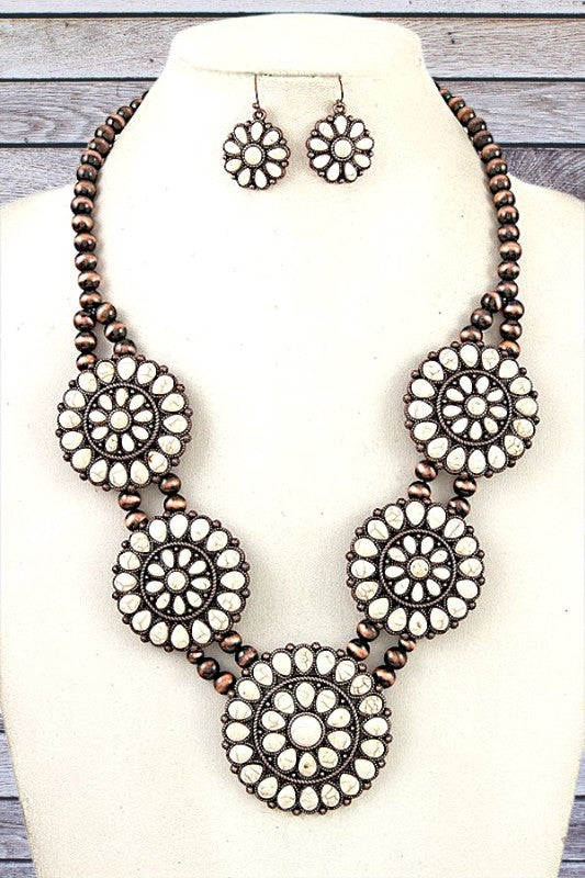 Round Floral Gem Bib Necklace Set