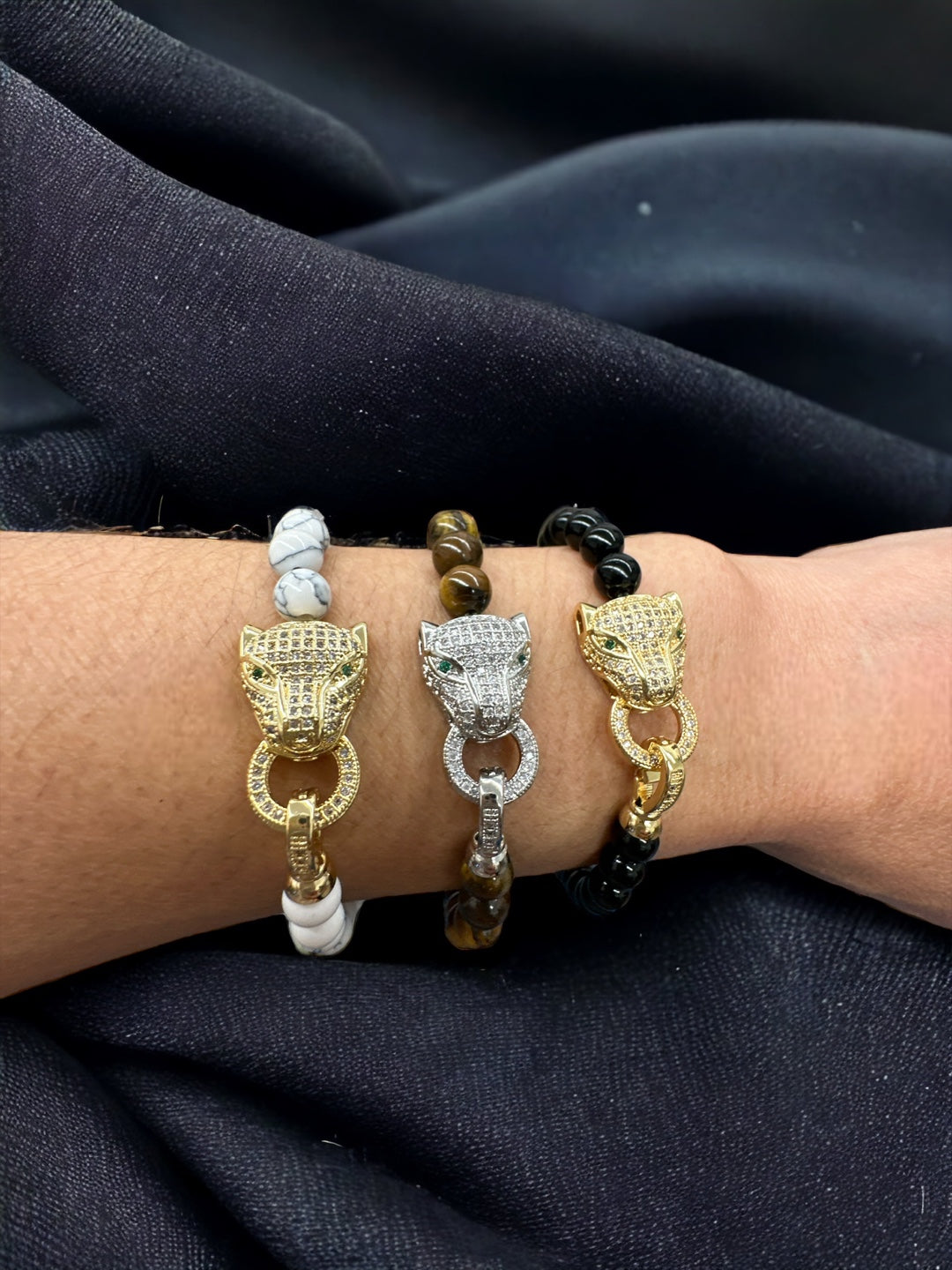 CZ STONE JAGUAR BEADED BRACELET