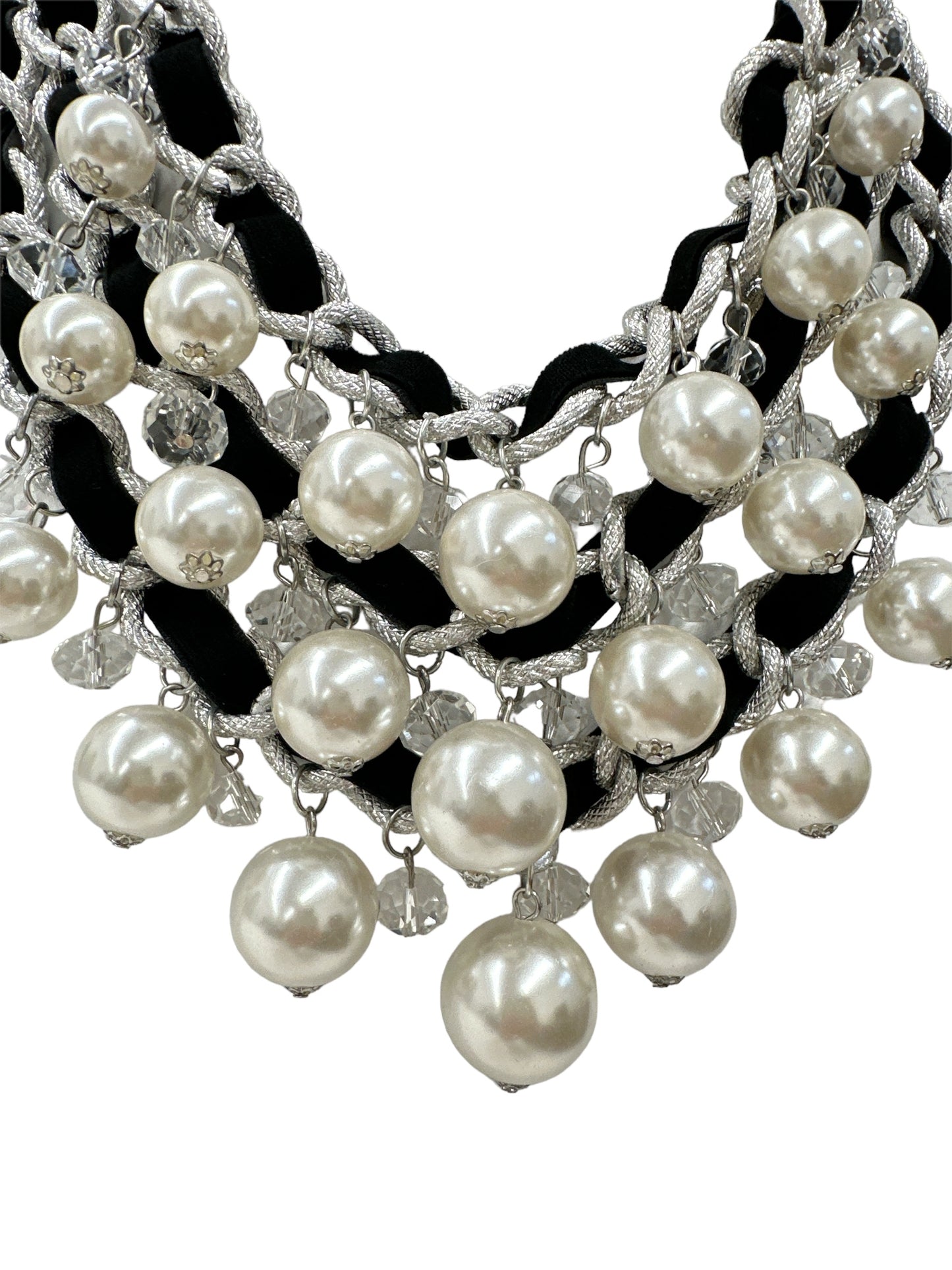 Multi Row Pearl Dangle Bib Necklace