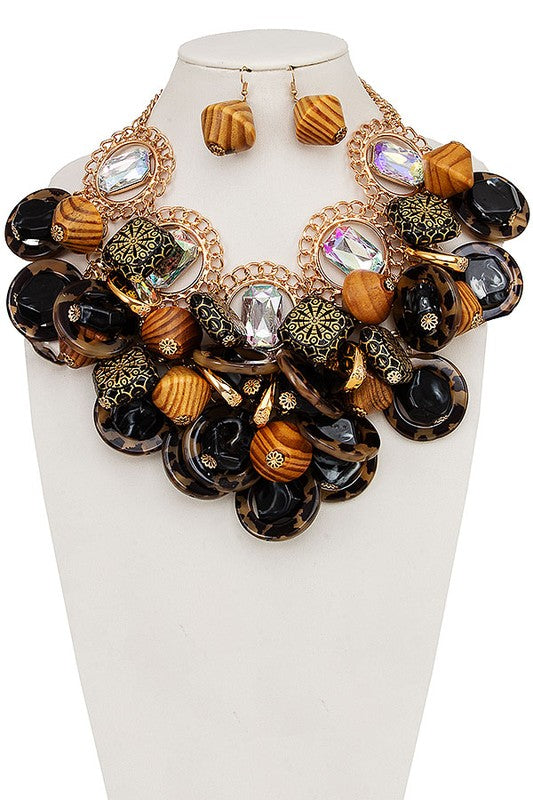 Faceted Cluster Wood Bead Necklace Set
