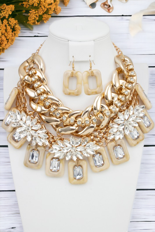 Crystal Gem Acetate Ornate Statement Necklace Set