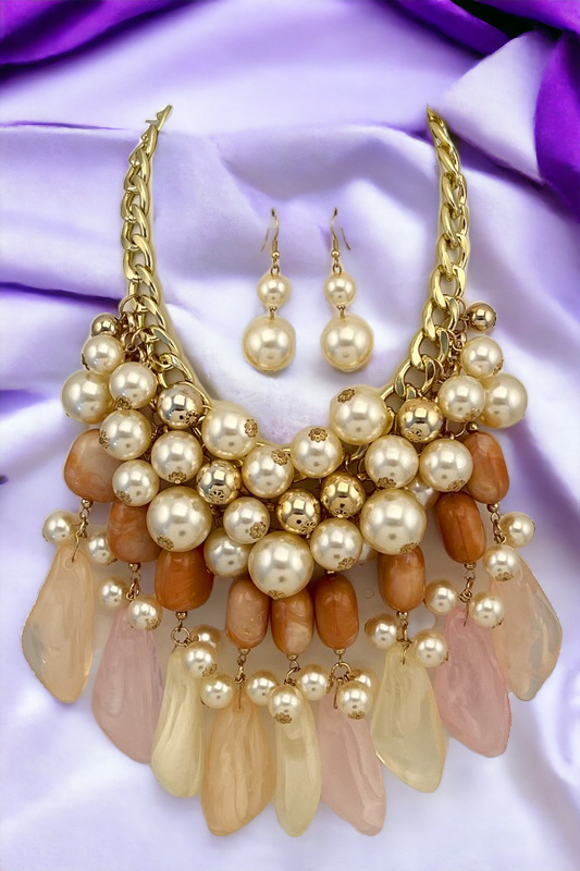 Cluster Pearl Milky Stone Bib Necklace Set