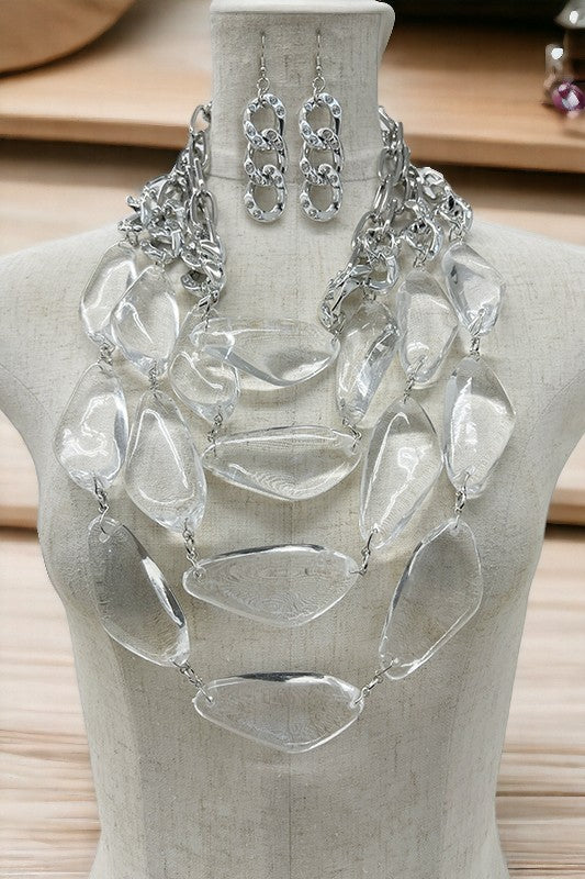 Clear Stone Chain Link Bib Necklace Set