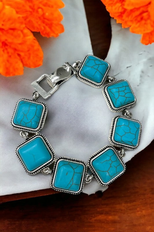 Cable Framed Square Gemstone Link Bracelet