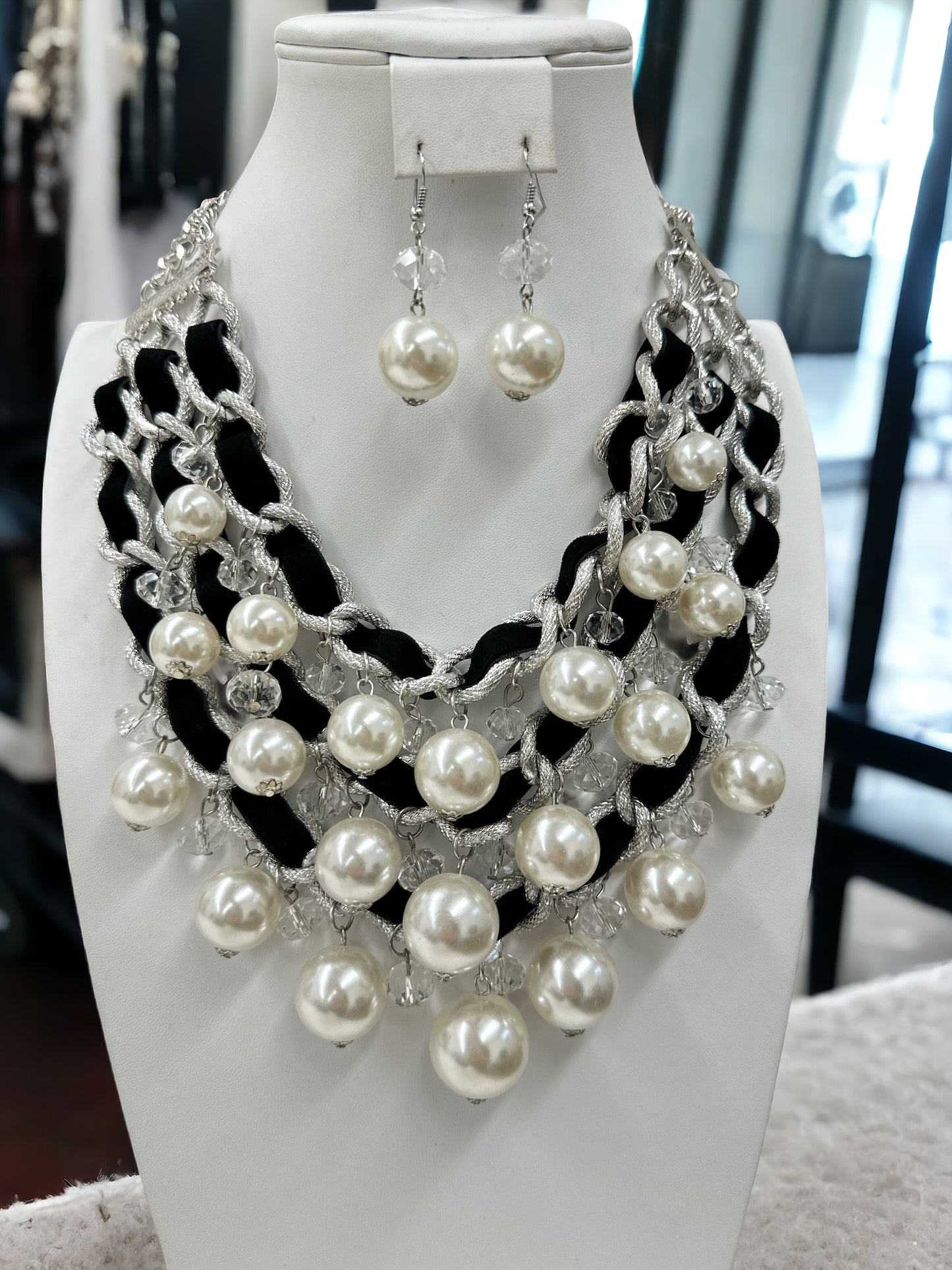 Multi Row Pearl Dangle Bib Necklace