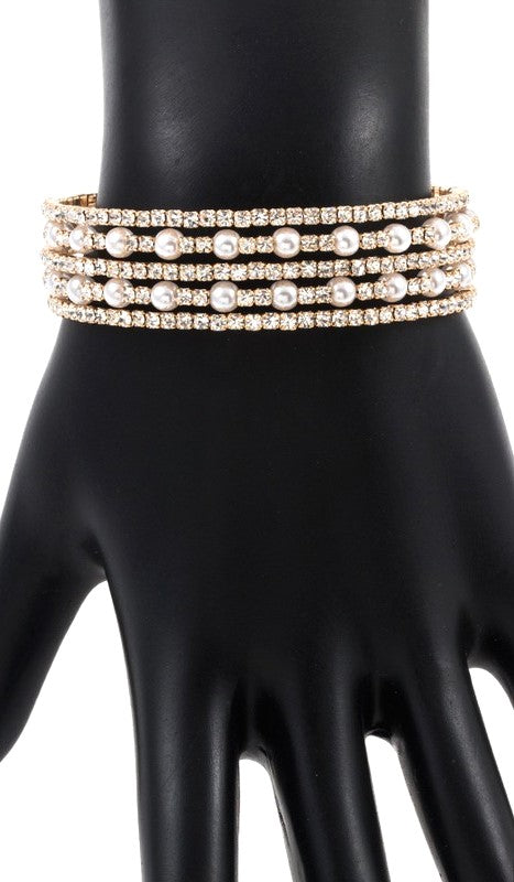 RHINESTONE PEARL FLEX CUFF BRACELET