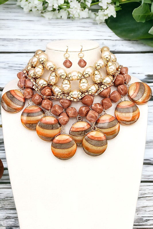 Faux Stone Pearl Accent Bib Necklace Set