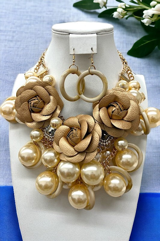 Pearl Link Rose Accent Cluster Bib Necklace Set