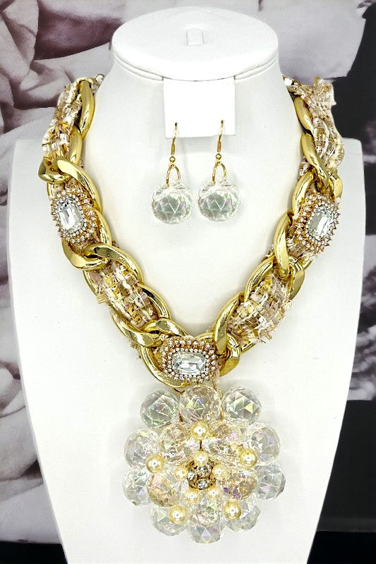 Woven Chain Gem Cluster Floral Pendant Necklace Set