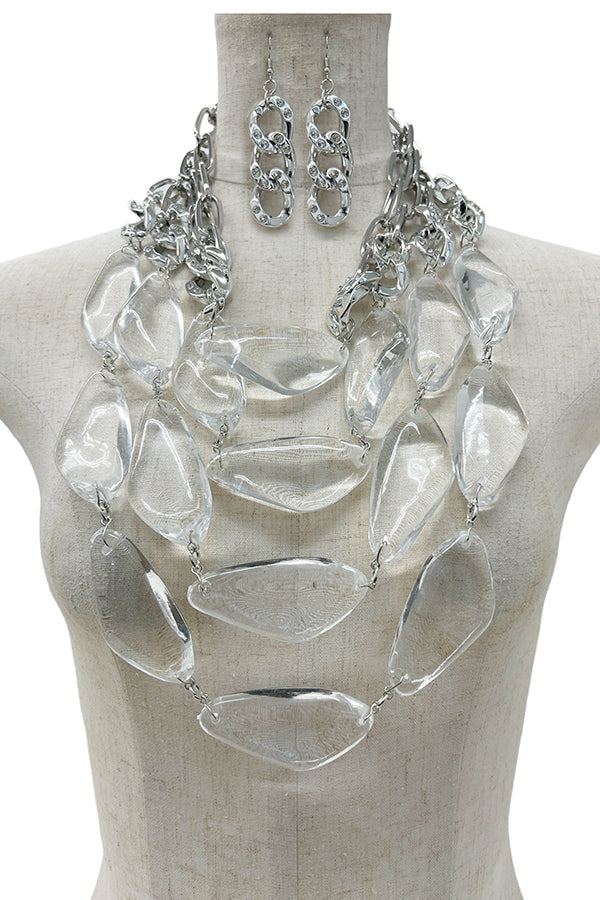 Clear Stone Chain Link Bib Necklace Set