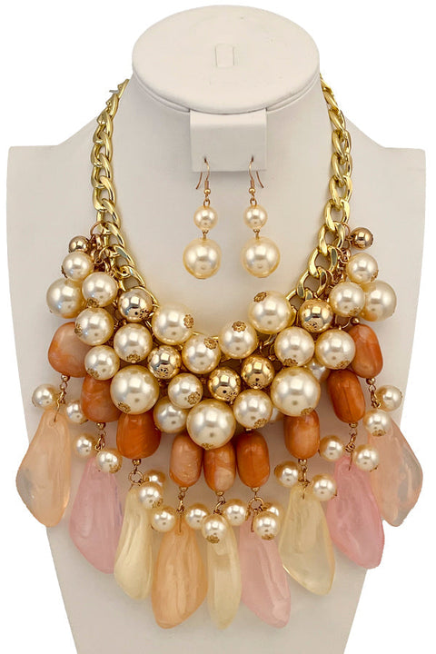 Cluster Pearl Milky Stone Bib Necklace Set