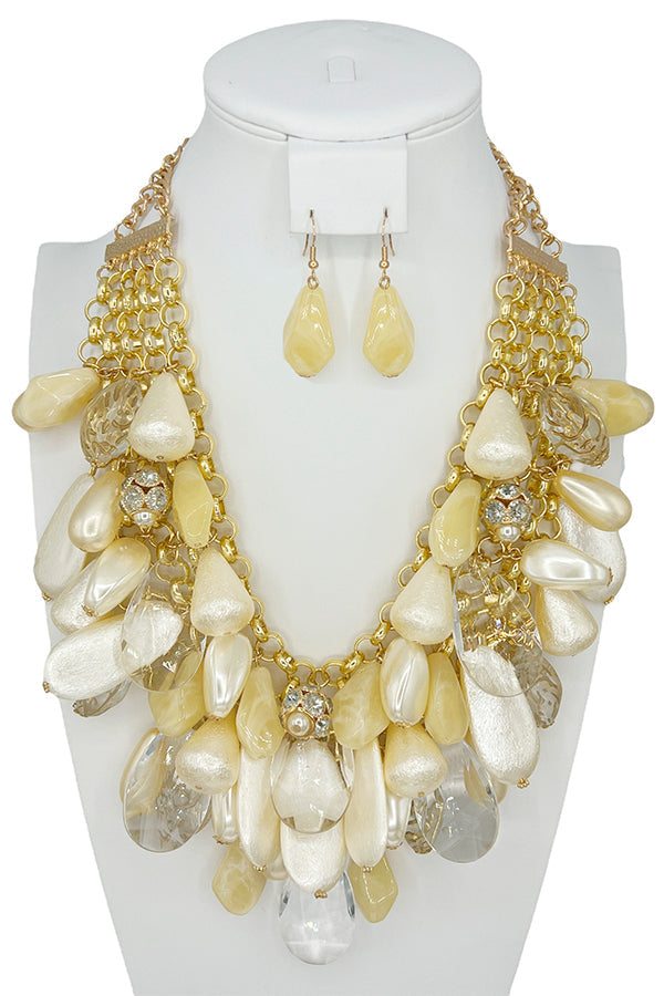 Cluster Pearl Gem Bib Necklace Set