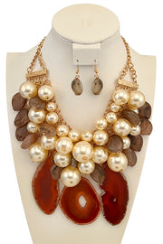 Agate Gemstone Pearl Cluster Necklace Set
