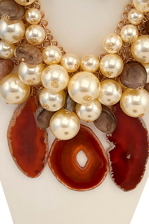 Agate Gemstone Pearl Cluster Necklace Set